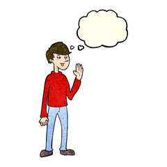 cartoon waving man with thought bubble