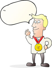 freehand drawn speech bubble cartoon waving man with award