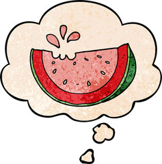 cartoon watermelon with thought bubble in grunge texture style