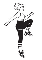 Hand drawn beautiful girl exercising and doing high knees. Isolated vector illustration in outlined design