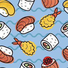 Hand drawn vector seamless pattern with Japanese food - sushi, nigiri, rolls and fried shrimp