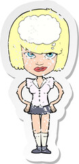 retro distressed sticker of a cartoon woman thinking