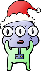 hand drawn gradient cartoon of a three eyed alien wearing santa hat