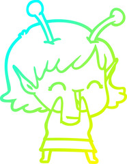 cold gradient line drawing of a cartoon alien girl laughing