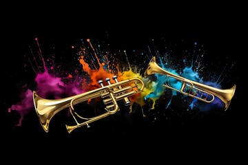 Colorful brass trumpets splash in illustration on black background, in a horizontal banner. Generative AI