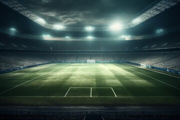 Fototapeta na wymiar A dramatic football arena with green grass and rays of light. Generative AI