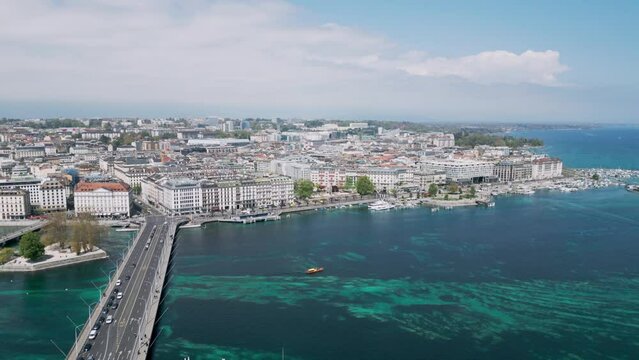 City of Geneva in Switzerland with Lake Leman - aerial view by drone