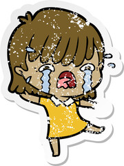 distressed sticker of a cartoon girl crying