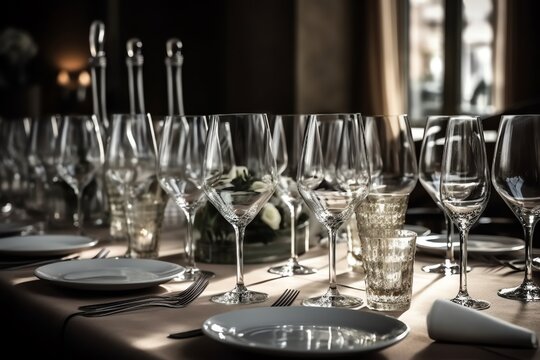 Table With Champagne Or White Wine Glasses In Restaurant. Generative AI