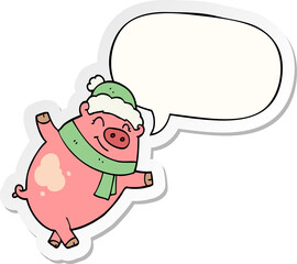 cartoon pig wearing christmas hat with speech bubble sticker