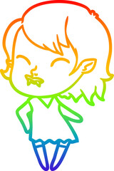 rainbow gradient line drawing of a cartoon vampire girl with blood on cheek