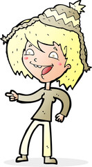 cartoon woman laughing and pointing with speech bubble