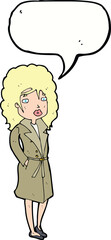 cartoon woman in trench coat with speech bubble