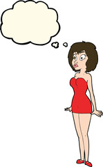 cartoon surprised woman in short dress with thought bubble