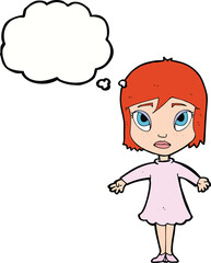 cartoon girl in dress with thought bubble
