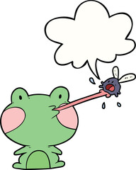 cute cartoon frog catching fly with tongue with speech bubble