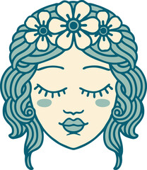 iconic tattoo style image of female face with eyes closed