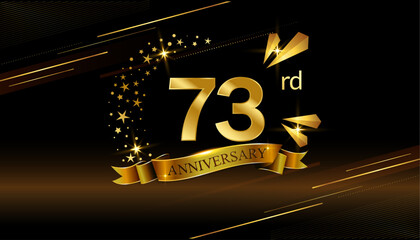 72rd anniversary logo with golden ring, confetti and Gold ribbon isolated on elegant black background, sparkle, vector design for greeting card and invitation card