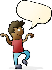 cartoon happy man doing funny dance with speech bubble