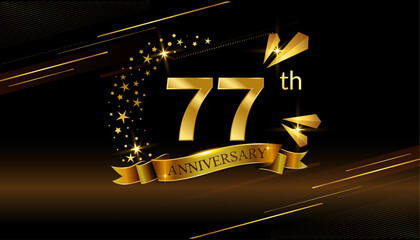 77th anniversary logo with golden ring, confetti and Gold ribbon isolated on elegant black background, sparkle, vector design for greeting card and invitation card