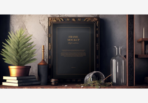 Stylish Home Decor: Blackboard Shelf With Mirror, Vase, Plant, Glass Bottle And Glass Vase, Perfect For Interior Design And Photography Projects Frame Mockup Template Generative AI