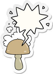 cartoon mushroom with spore cloud with speech bubble sticker