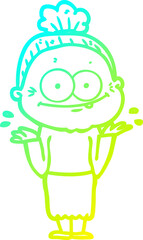 cold gradient line drawing of a cartoon happy old woman