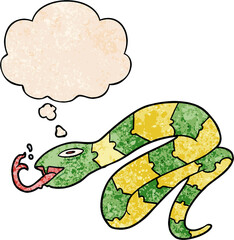 cartoon hissing snake with thought bubble in grunge texture style