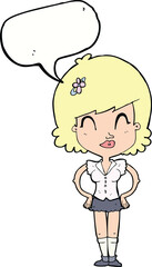 cartoon happy woman with speech bubble