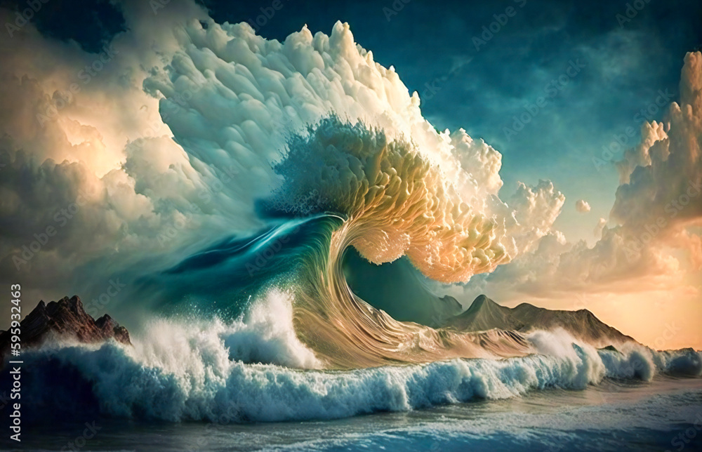 Poster abstract stylized ocean waves and clouds. created with generative ai technology.