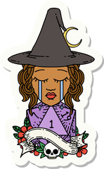 sticker of a crying human witch with natural D20 roll