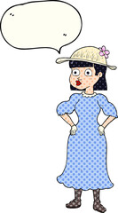 freehand drawn comic book speech bubble cartoon woman in sensible dress