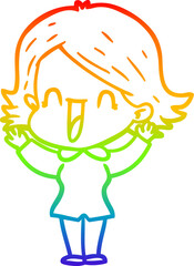rainbow gradient line drawing of a cartoon happy woman