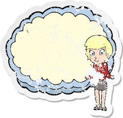retro distressed sticker of a woman with text space cloud