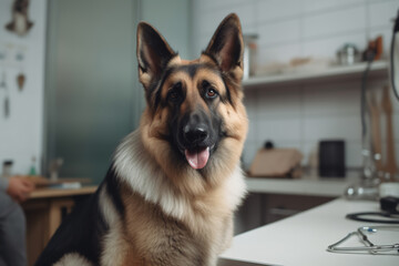 a german shepherd sits at a doctor's appointment in a veterinary clinic. ai generative