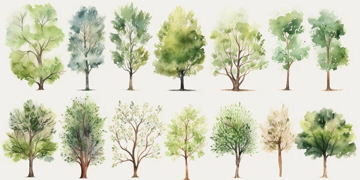 watercolor tree collection. Set of hand drawn trees. forest tree pack. ai generative