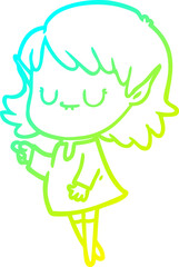 cold gradient line drawing of a happy cartoon elf girl