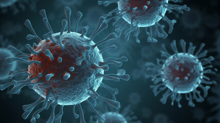 corona viruses and omicron on blue blurred background. ai generative