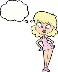cartoon woman with hands on hips with thought bubble