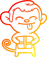 warm gradient line drawing of a funny cartoon monkey with christmas present