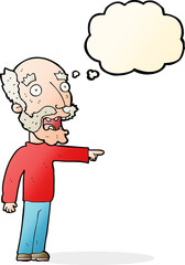 cartoon scared old man pointing with thought bubble
