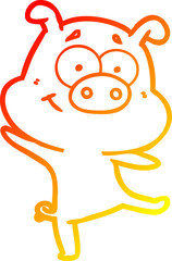 warm gradient line drawing of a happy cartoon pig dancing