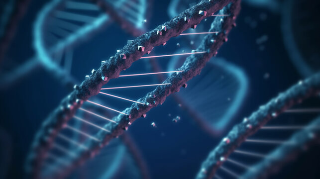 Human DNA structure with blurred blue background. ai generative