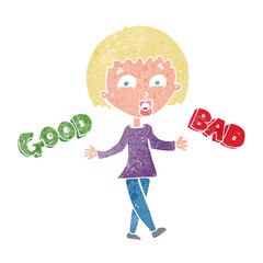 cartoon woman weighing up good and bad options