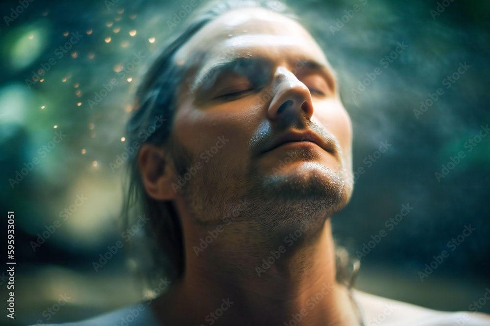 Poster deep meditating man in nature. created with generative ai technology.