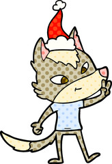 friendly hand drawn comic book style illustration of a wolf giving peace sign wearing santa hat