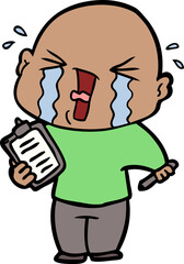 cartoon crying man with clipboard