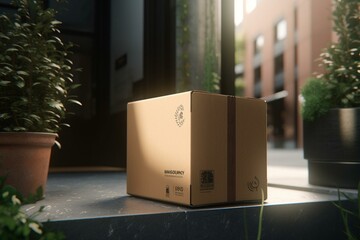 3D rendered delivery concept: parcel box, doorstep, mat. Generative AI