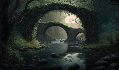 Two arches structures made of tree branches cross a small river in the forest. Generative AI