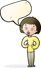 cartoon woman gesturing at self with speech bubble